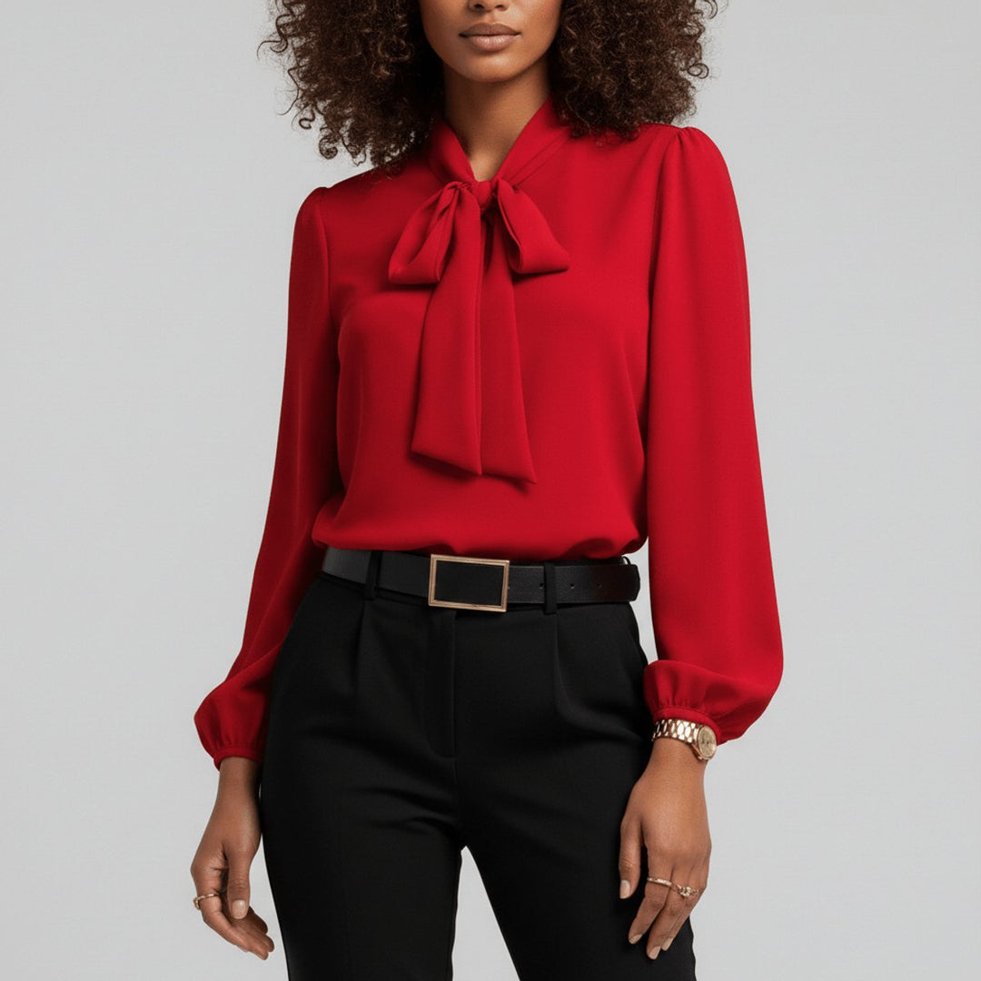 Elegant bow-tie neck long-sleeve blouse for women, perfect for office or smart casual events.