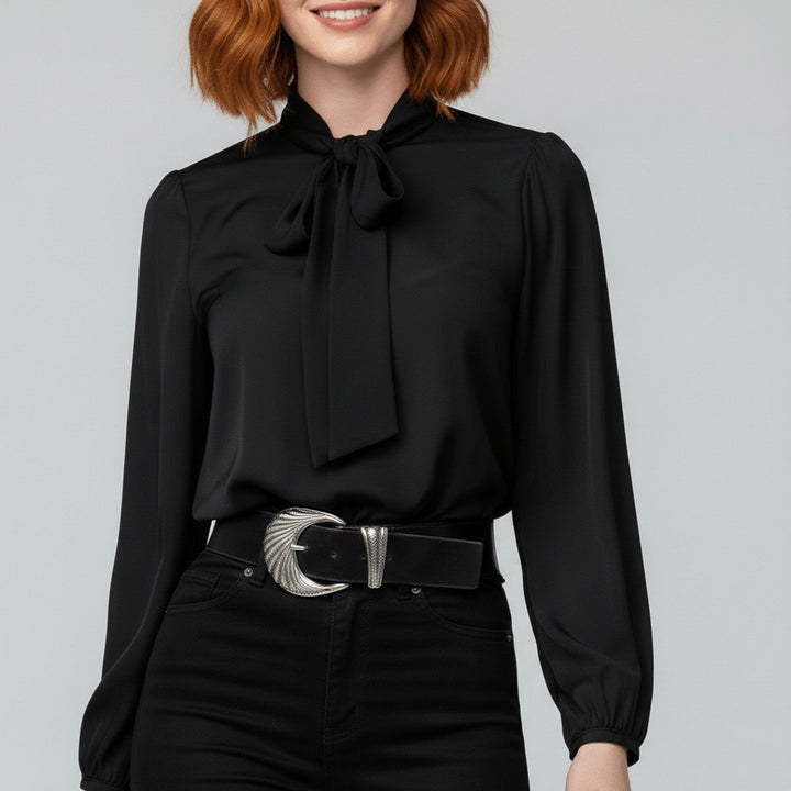 Women's smart casual long-sleeve top, featuring a chic bow-tie neck, great for office or weekend.
