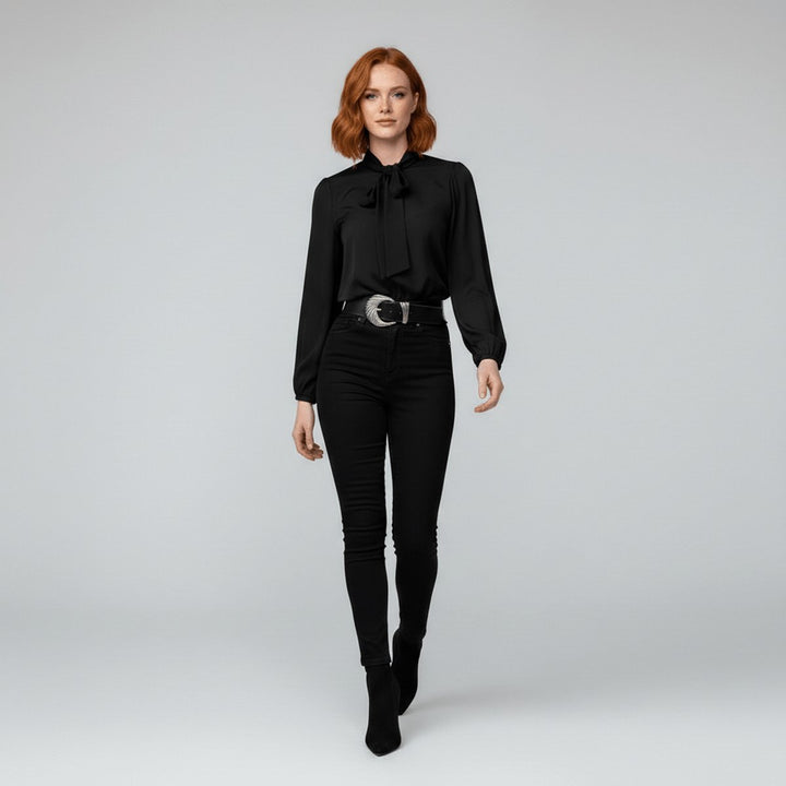 Elegant women's work blouse, long-sleeve and bow-tie neck design for a polished, professional look.