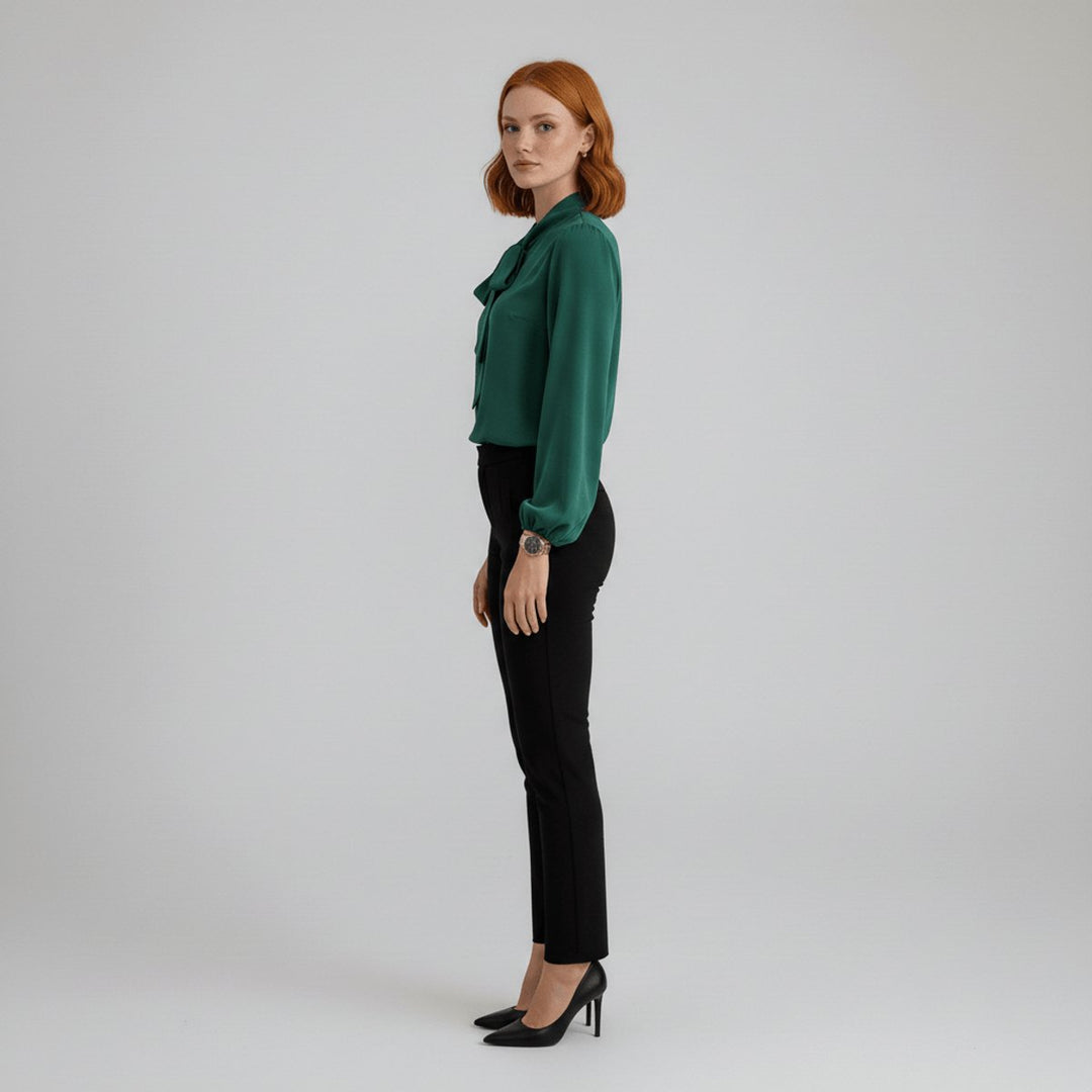 Stylish tie-neck long-sleeve women's top, designed for a smart casual look or office attire.