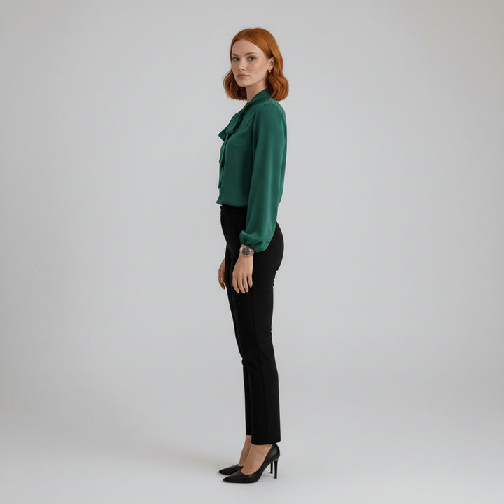 Stylish tie-neck long-sleeve women's top, designed for a smart casual look or office attire.