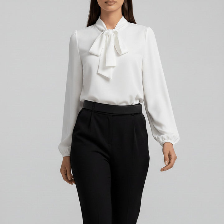 Classic women's long-sleeve blouse with a sophisticated bow-tie neck, perfect for elegant office wear.