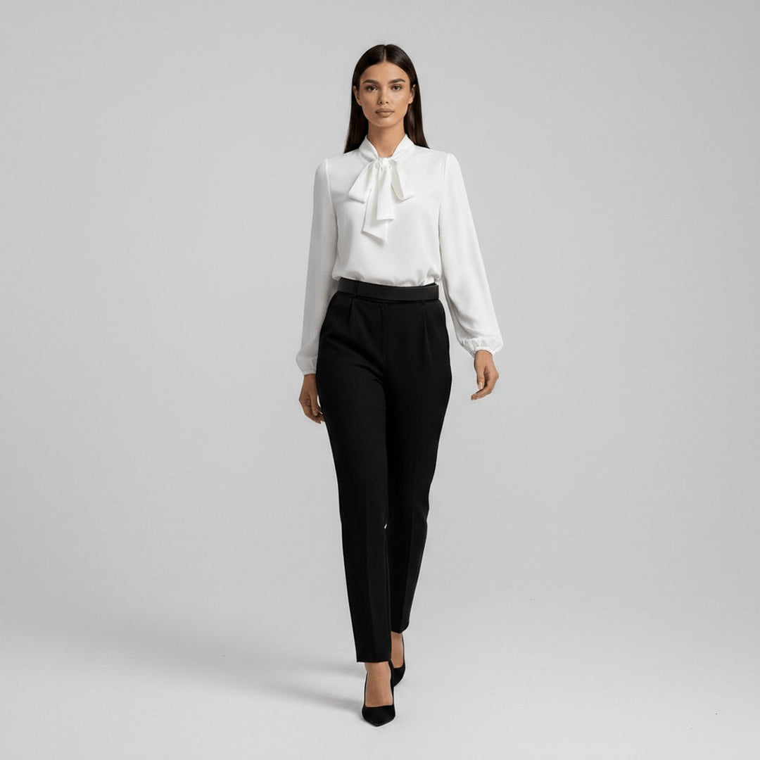 Modern women's bow-tie neck blouse, long-sleeve design for versatile office and smart casual styling.