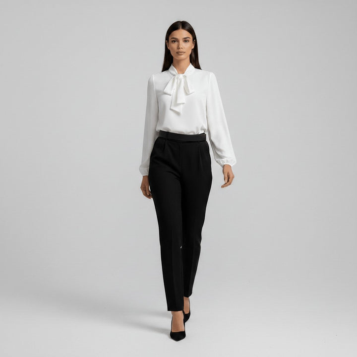 Modern women's bow-tie neck blouse, long-sleeve design for versatile office and smart casual styling.
