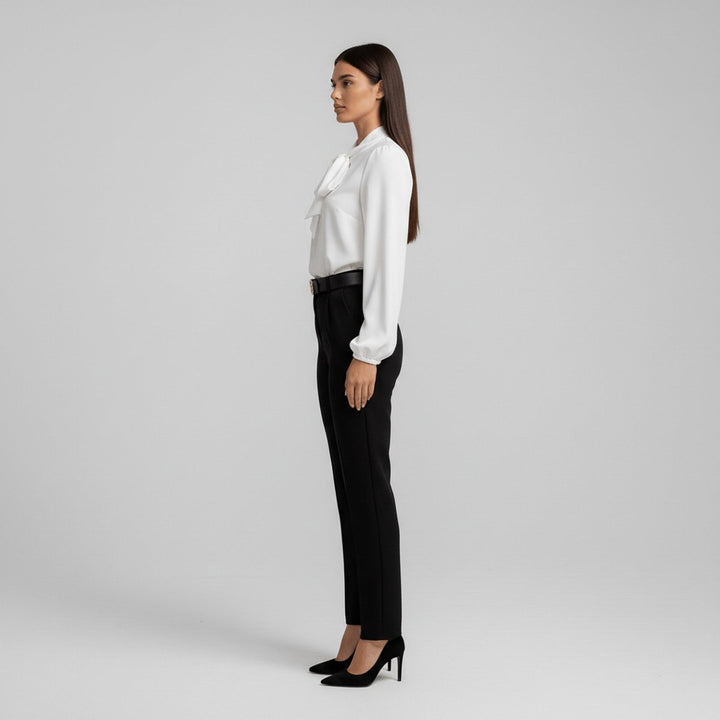 Comfortable relaxed-fit long-sleeve women's blouse with an elegant bow-tie neck for daily wear.