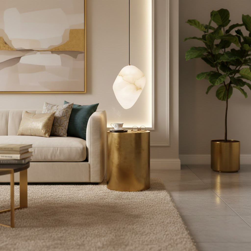 Elegant pebble pendant light, brass finish, enhances home decor with ambient lighting.