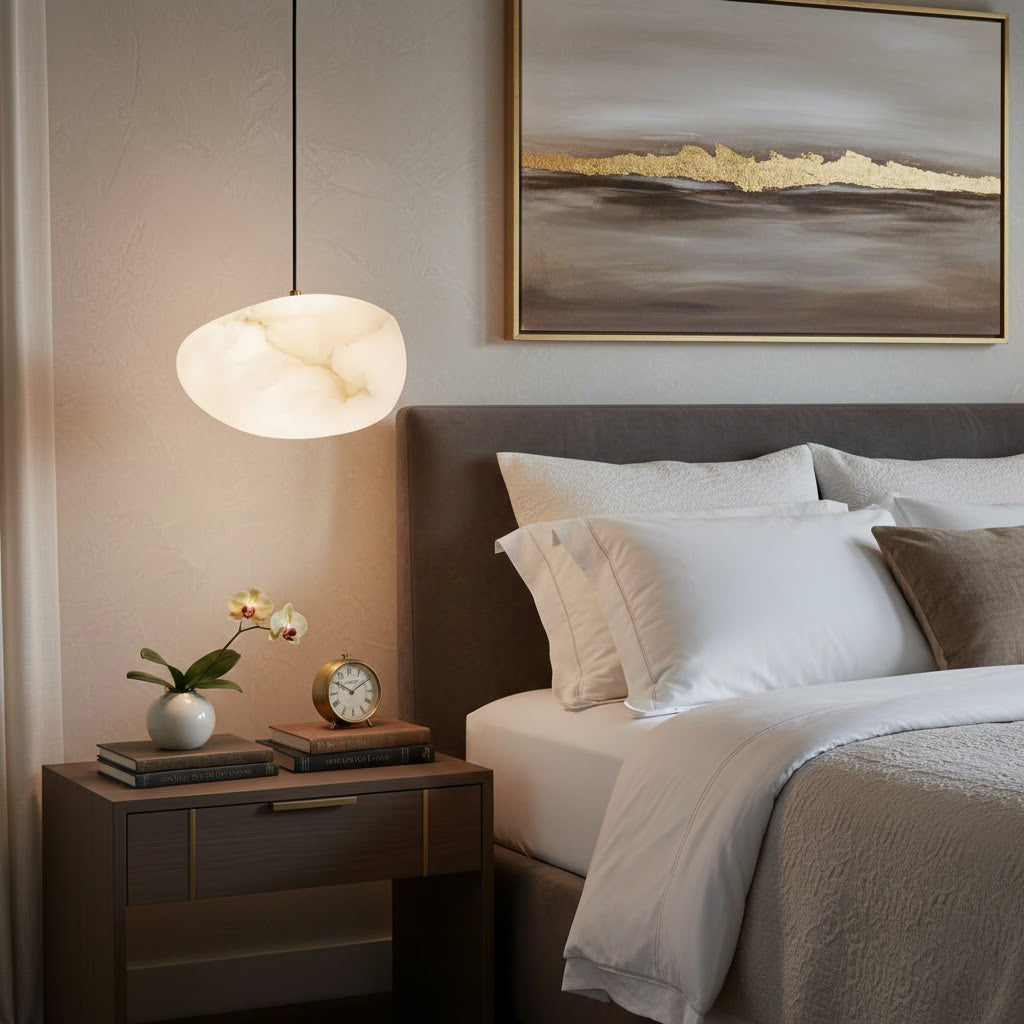 Ambient brass pebble pendant lamp, stylish modern decor, perfect for living spaces.