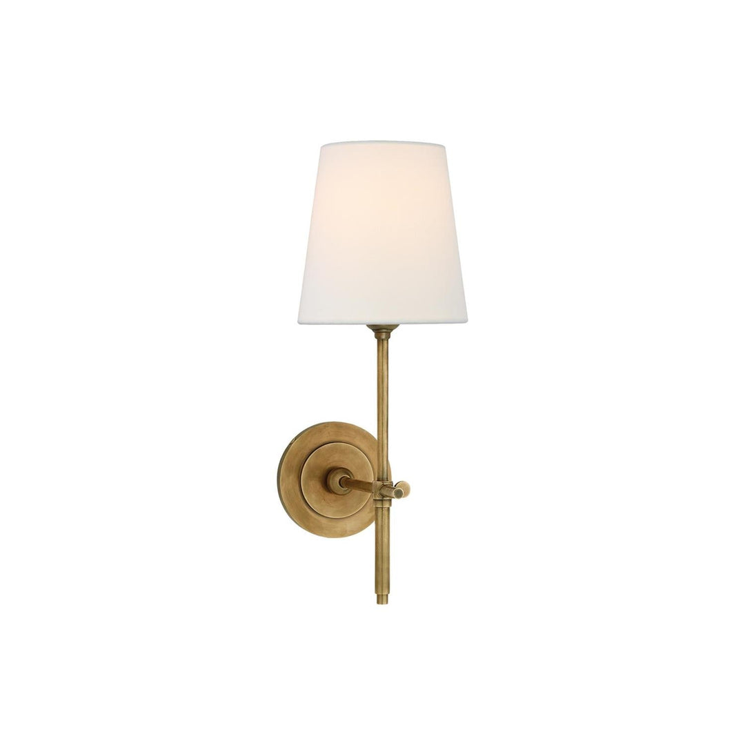 Modern Brass indoor wall lamp with linen shade, perfect for living room.