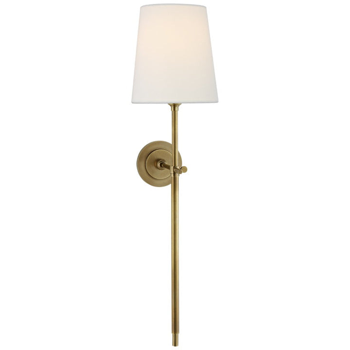 Modern Nickel indoor wall lamp with linen shade, perfect for living room.