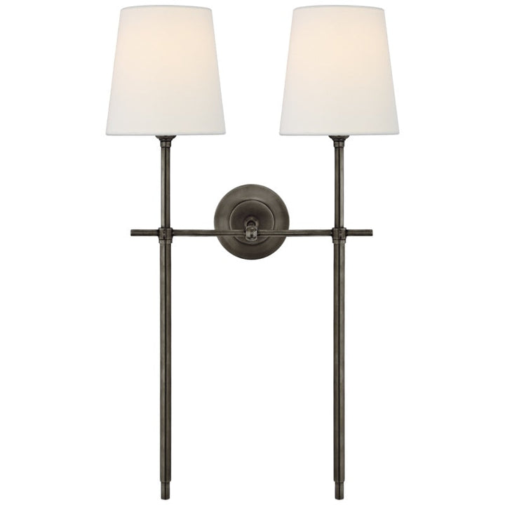 Stylish Nickel indoor lamp with linen shade, hardwired for bedrooms.