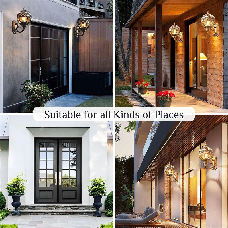 Retro garden wall light with black finish. Waterproof outdoor lighting for patio and entrance areas.