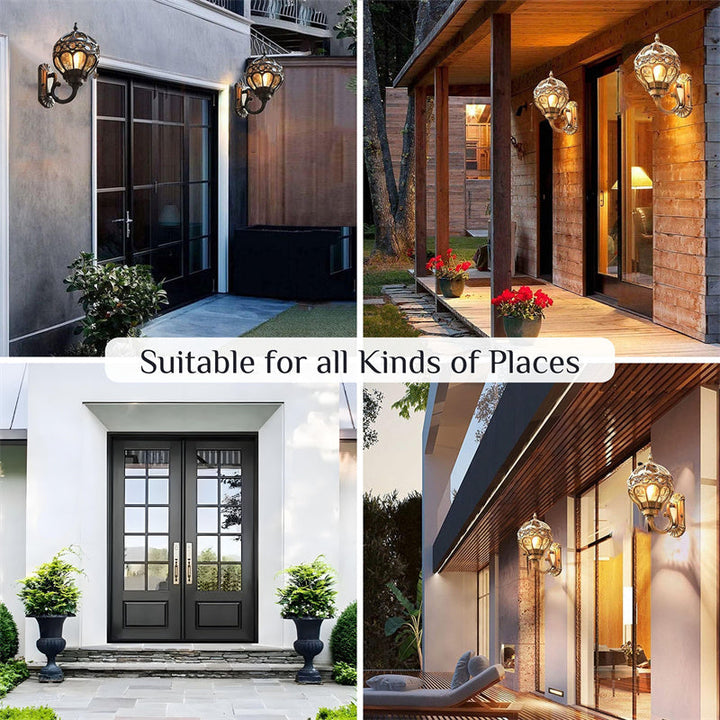 Retro garden wall light with black finish. Waterproof outdoor lighting for patio and entrance areas.