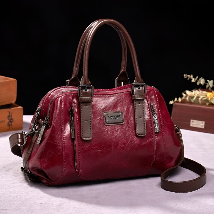 Versatile red genuine leather women's handbag, a classic shoulder & crossbody bag for daily essentials.
