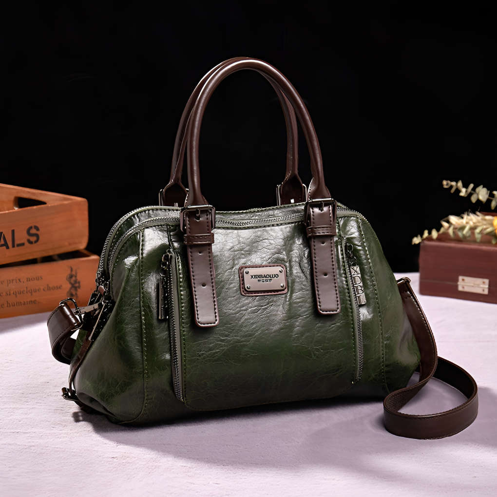 Classic green genuine leather women's shoulder bag, an elegant everyday Boston bag for modern women.