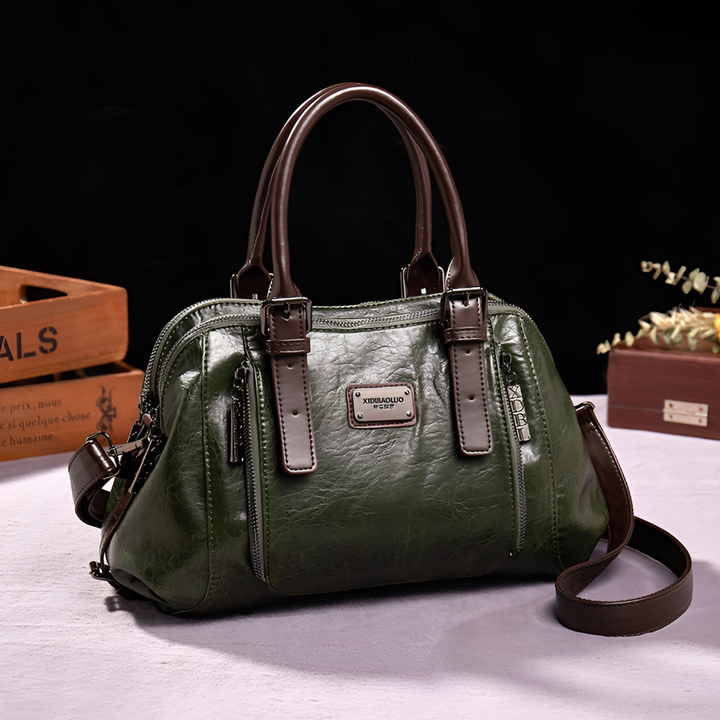 Classic green genuine leather women's shoulder bag, an elegant everyday Boston bag for modern women.