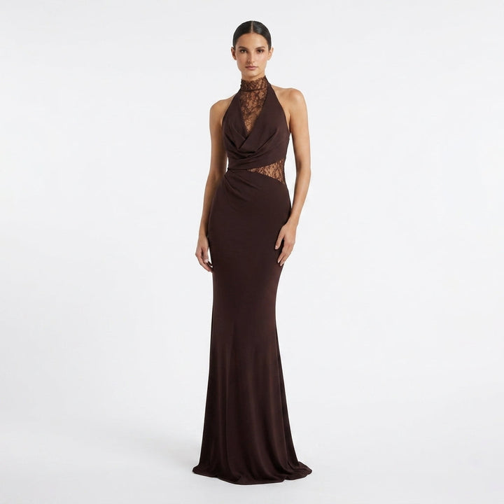Women's sleeveless brown halter maxi dress, elegant formal wear ideal for special occasion parties.