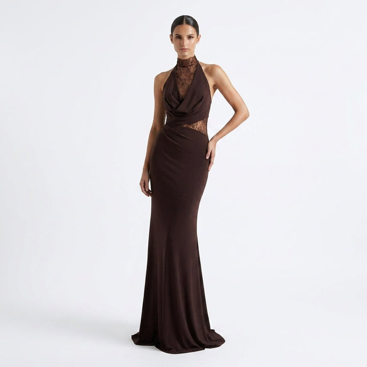 Elegant women's brown halter maxi evening gown, perfect formal wear for sophisticated events.