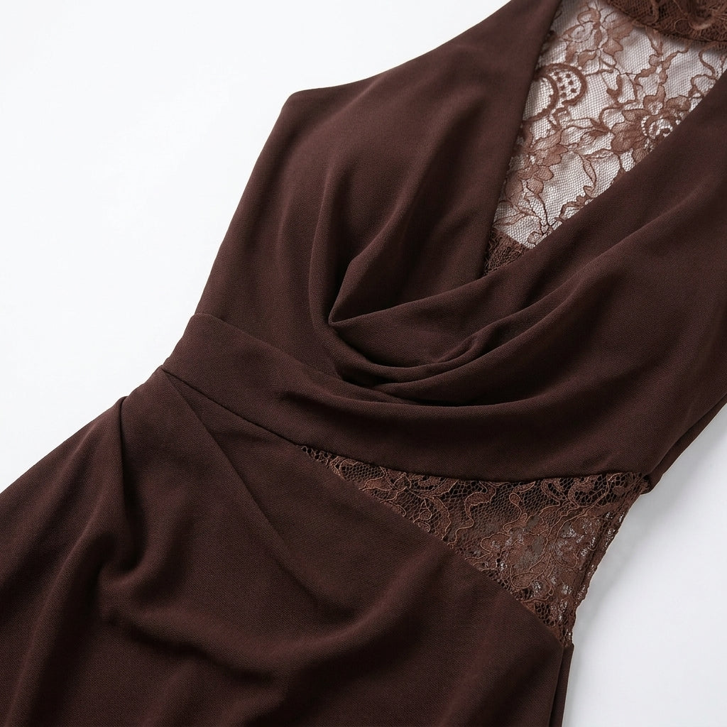 Full-length shot: Woman in elegant brown halter maxi dress, perfect for formal occasions & evening parties.