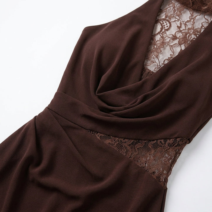 Full-length shot: Woman in elegant brown halter maxi dress, perfect for formal occasions & evening parties.