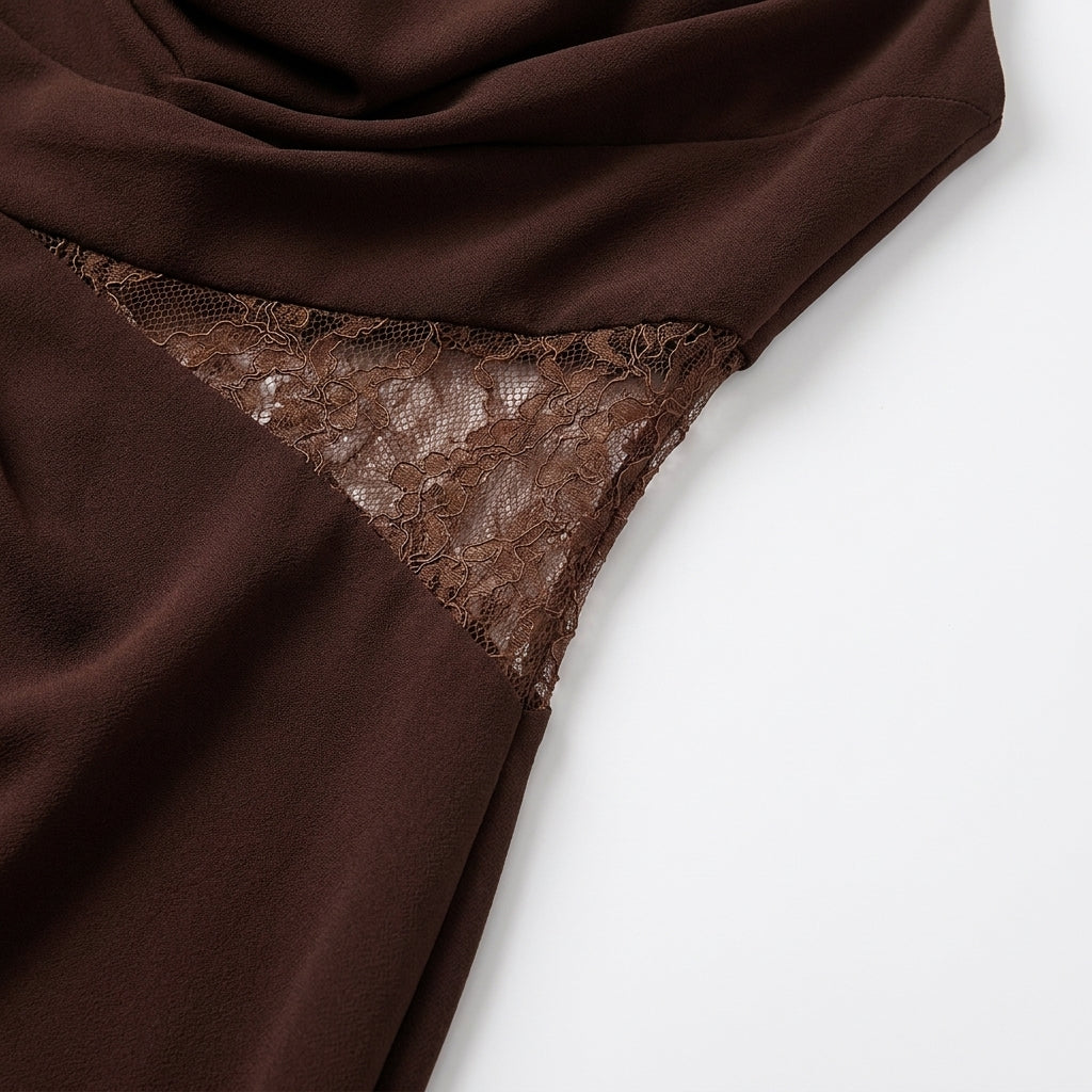 Stylish brown halter neck maxi dress for women, an elegant choice for formal evening events & parties.