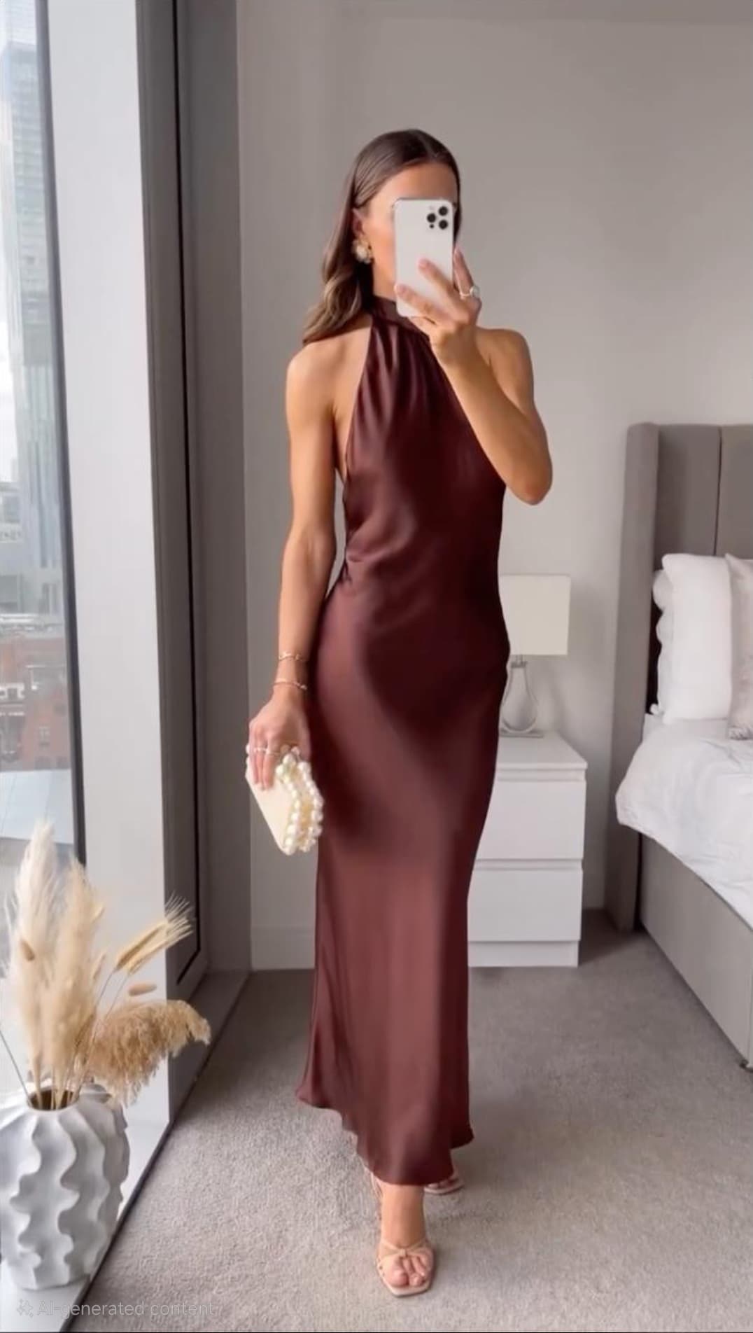 Elegant brown halter neck midi dress for women's evening party. A chic formal special occasion dress.