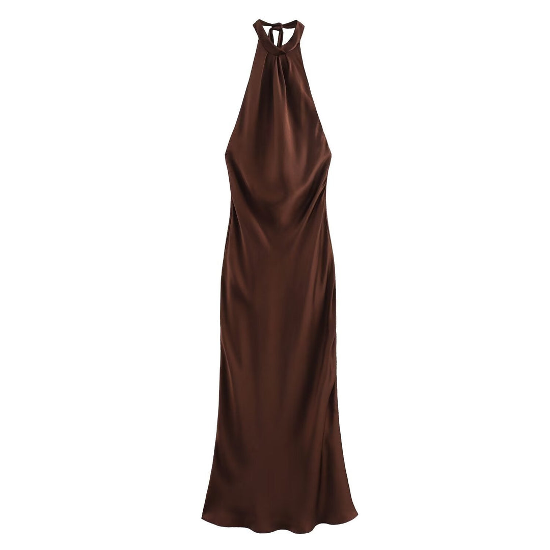 Chic women's brown halter neck midi dress, perfect for evening and formal events. Sophisticated party wear.