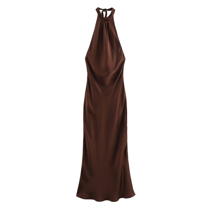 Chic women's brown halter neck midi dress, perfect for evening and formal events. Sophisticated party wear.