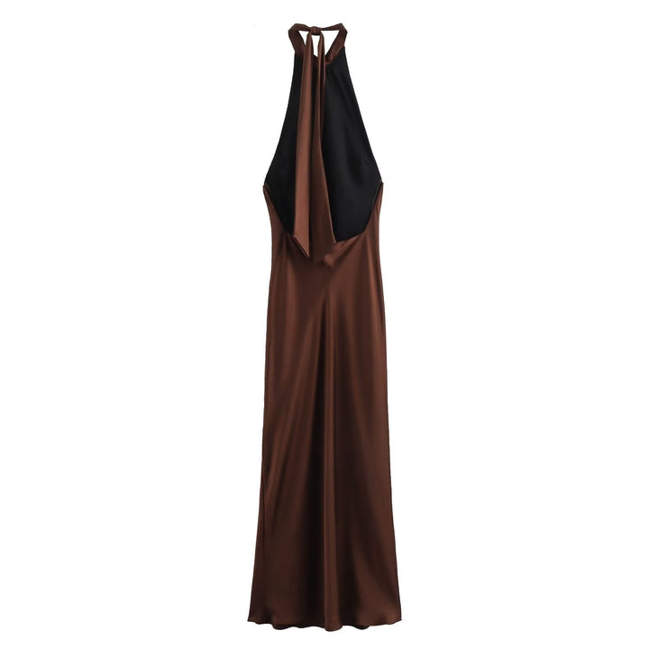 Sophisticated women's brown halter midi dress, ideal for special occasion evening wear. Elegant & chic.