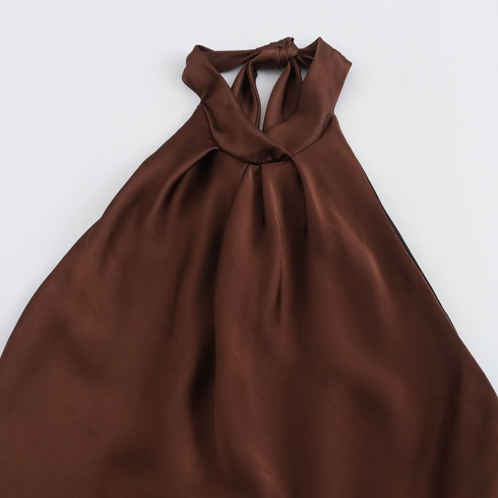 Women's elegant brown halter neck midi dress, a chic choice for evening parties and formal occasions.