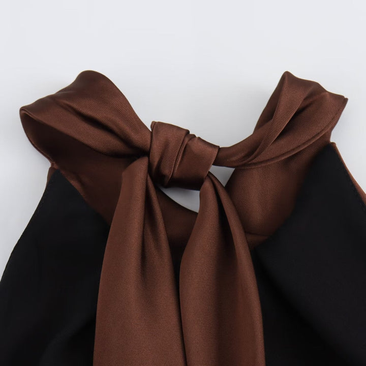 Stylish women's brown halter neck midi evening dress, perfect for formal occasions & special events.