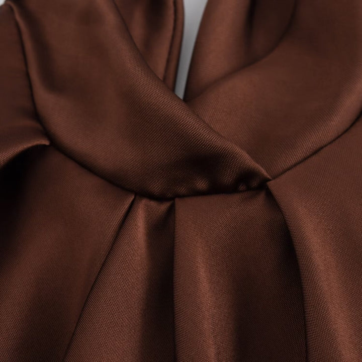 Elegant brown halter neck midi dress for women, ideal for evening parties, formal events & chic wear.