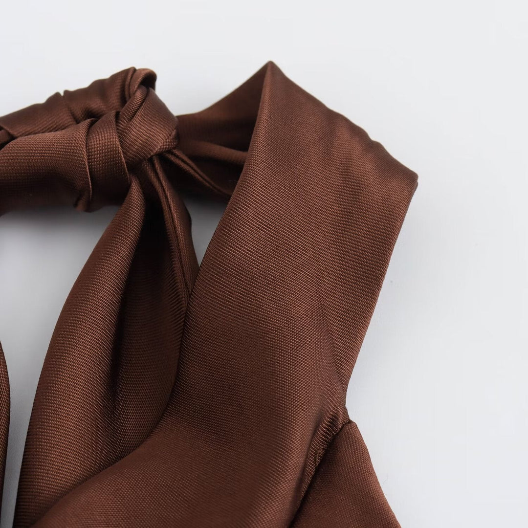 Brown halter neck midi dress for women, an elegant & sophisticated choice for evening and formal wear.