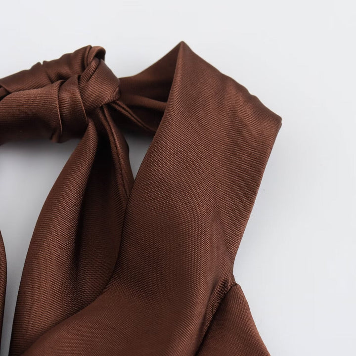 Brown halter neck midi dress for women, an elegant & sophisticated choice for evening and formal wear.