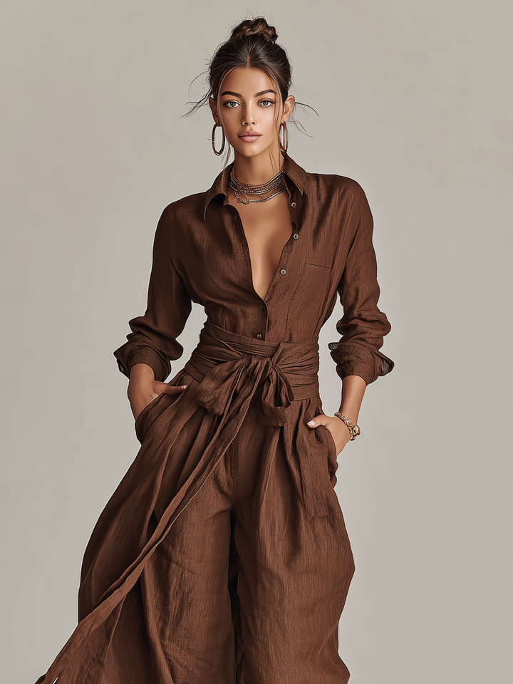 Stylish olive green women's cuffed sleeve jumpsuit, floor length design. Versatile for elegant and formal occasions.