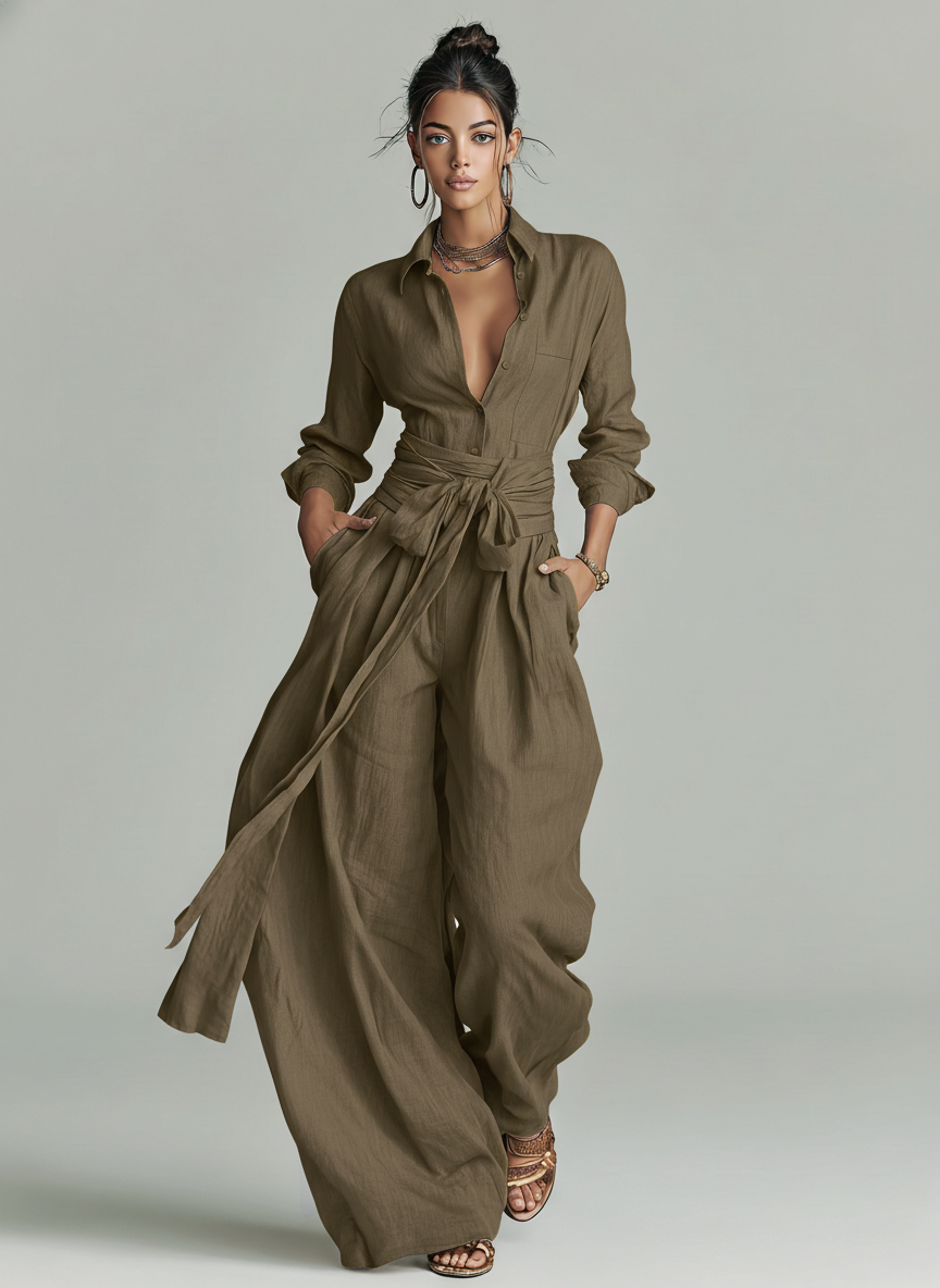 Fashionable women's floor length jumpsuit, featuring a unique overlay and cuffed sleeves. Available in brown.