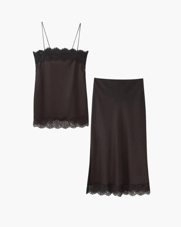 Elegant brown women's two-piece top and midi skirt set, perfect for formal wear or special occasions.