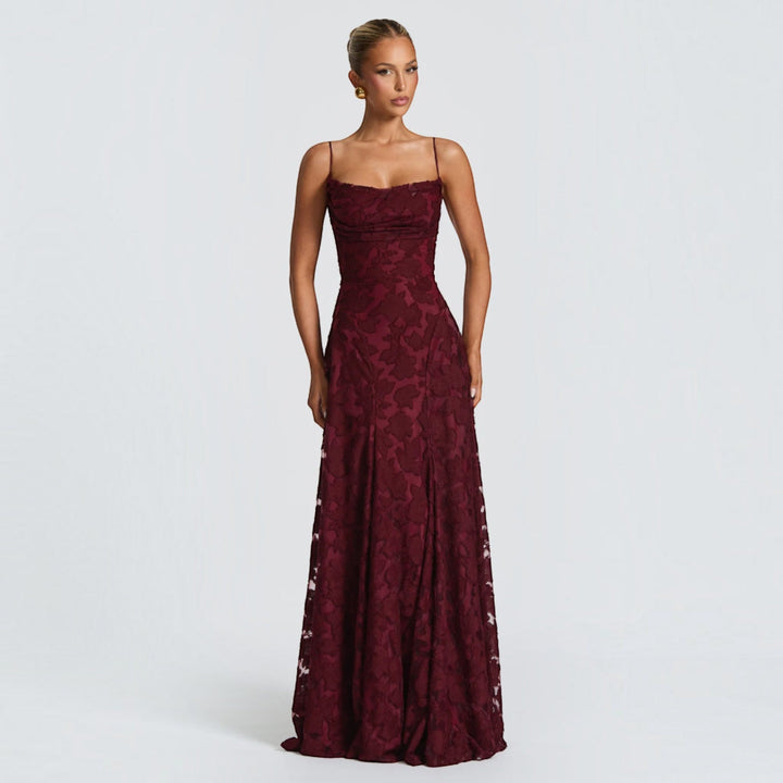 Elegant burgundy lace maxi dress for women, perfect formal gown for evening events & weddings.