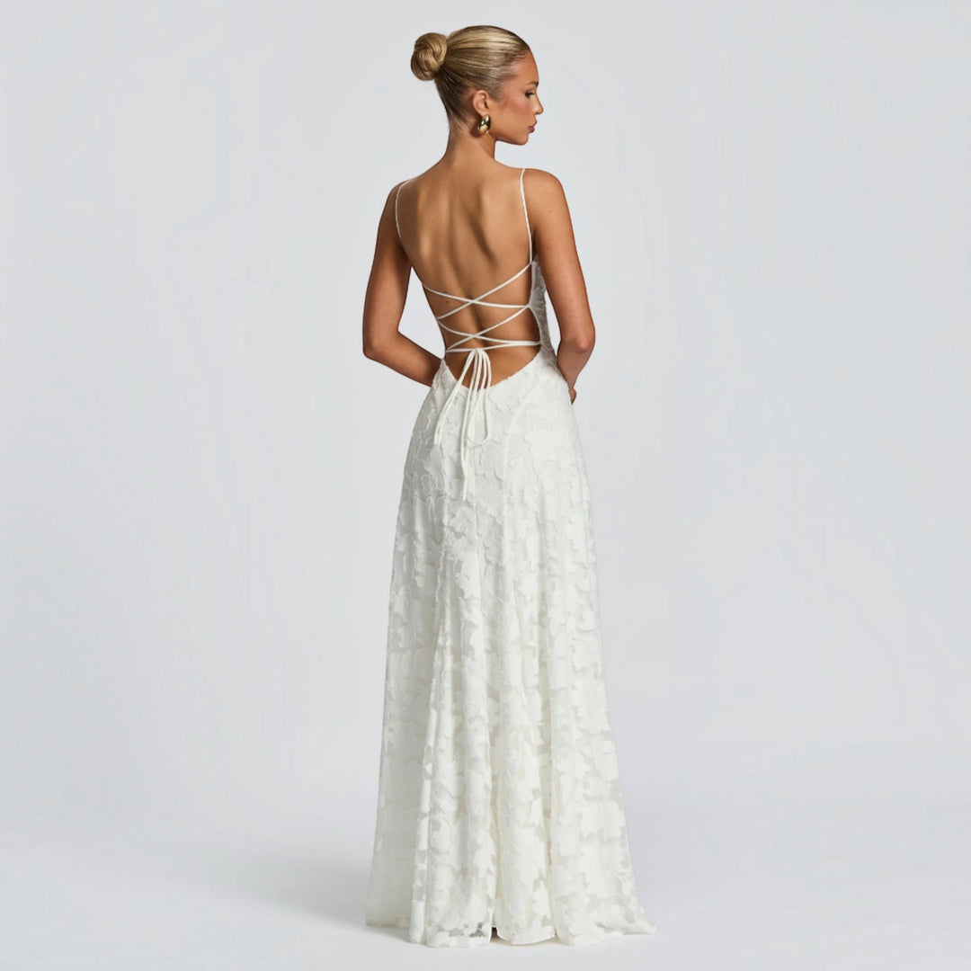 Black lace maxi formal gown for women, suitable for galas, wedding guests & elegant evenings.