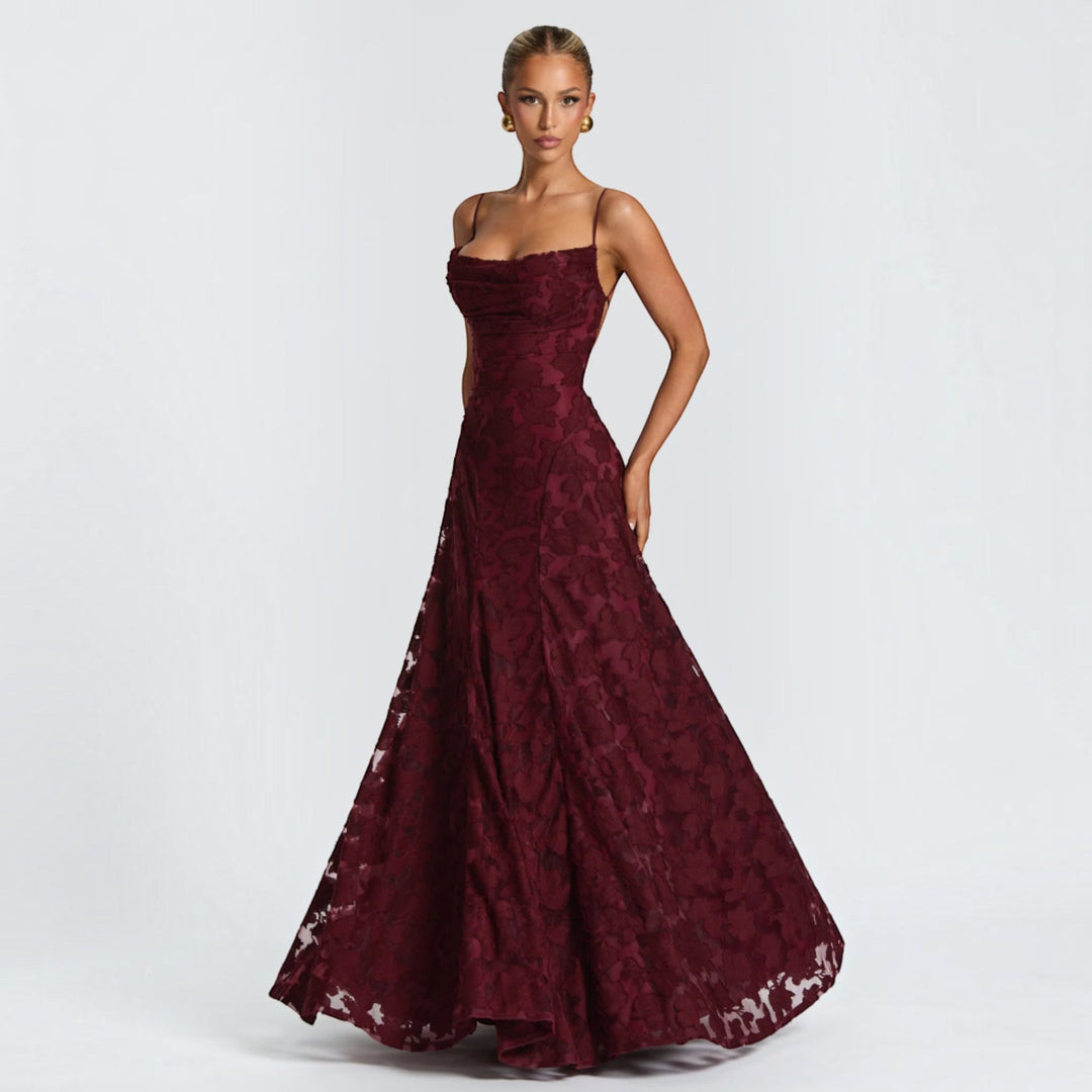 Red elegant women's lace maxi dress, a stunning long gown for formal events & special occasions.