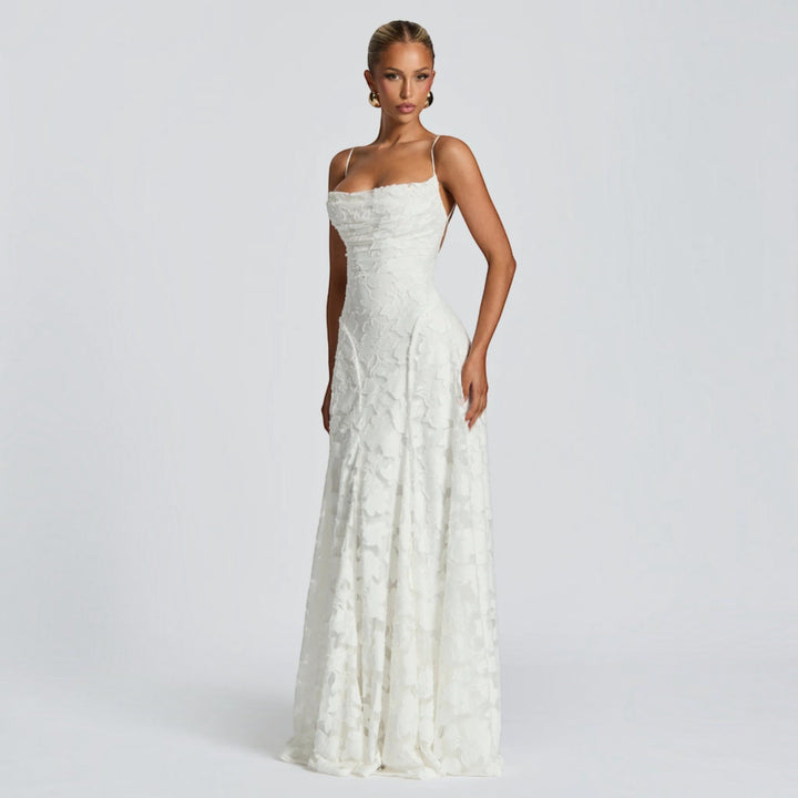 Sophisticated women's lace maxi dress with elegant design, ideal for formal evenings & parties.