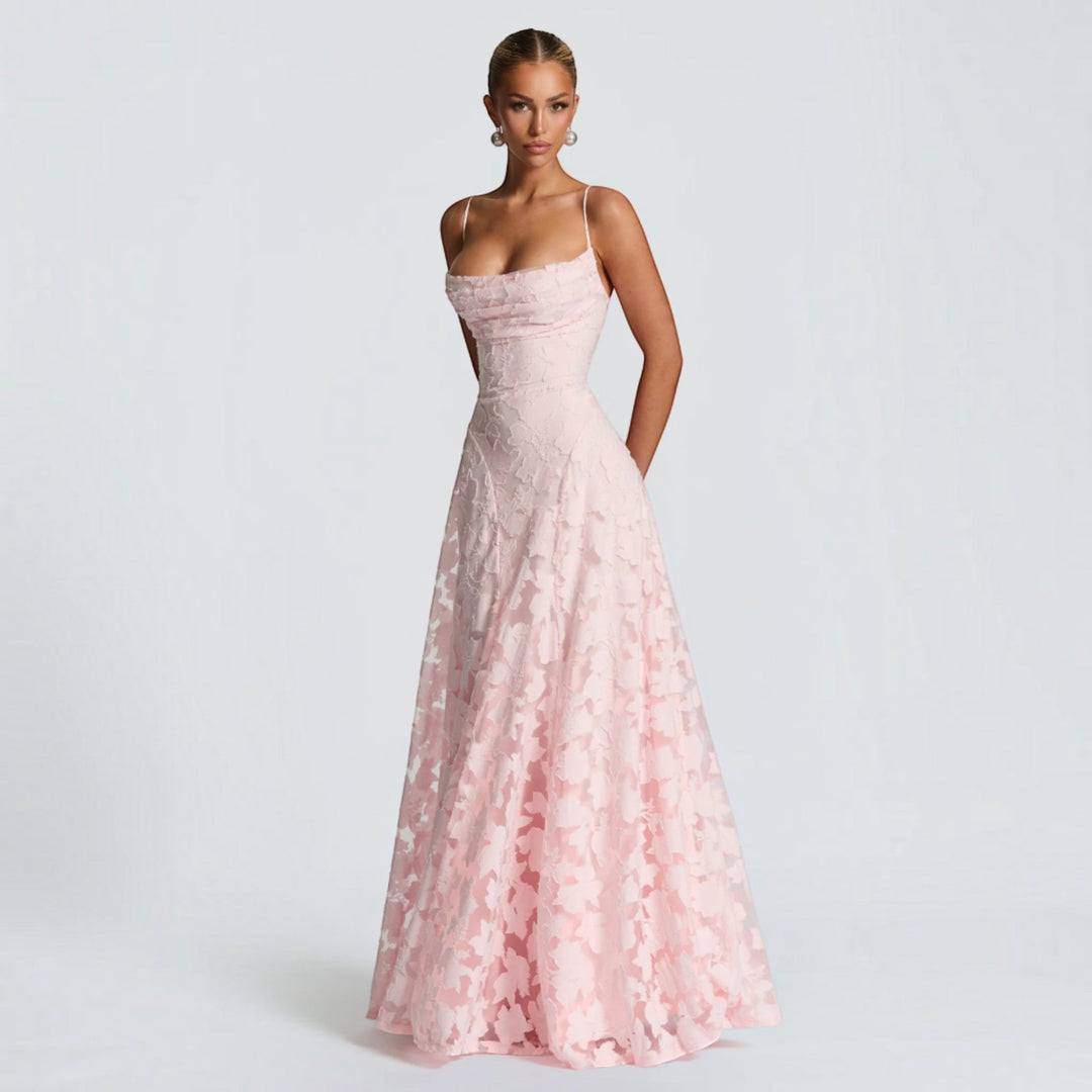 Women's formal lace gown, a beautiful long dress for wedding guests, galas & evening wear.