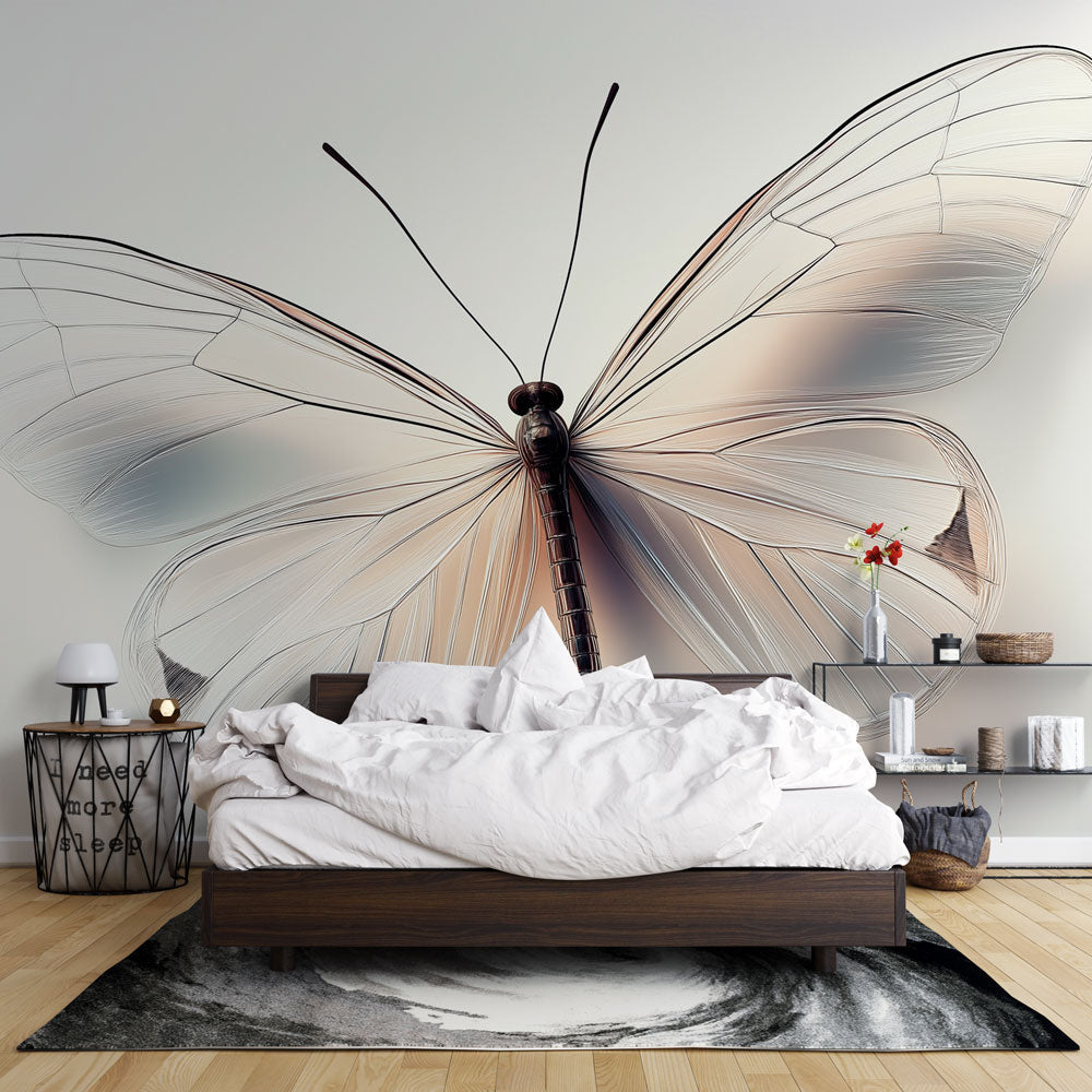 Elegant butterfly floral wall mural in serene white, beige, gray tones. Peel and stick nature decor, removable wallpaper.