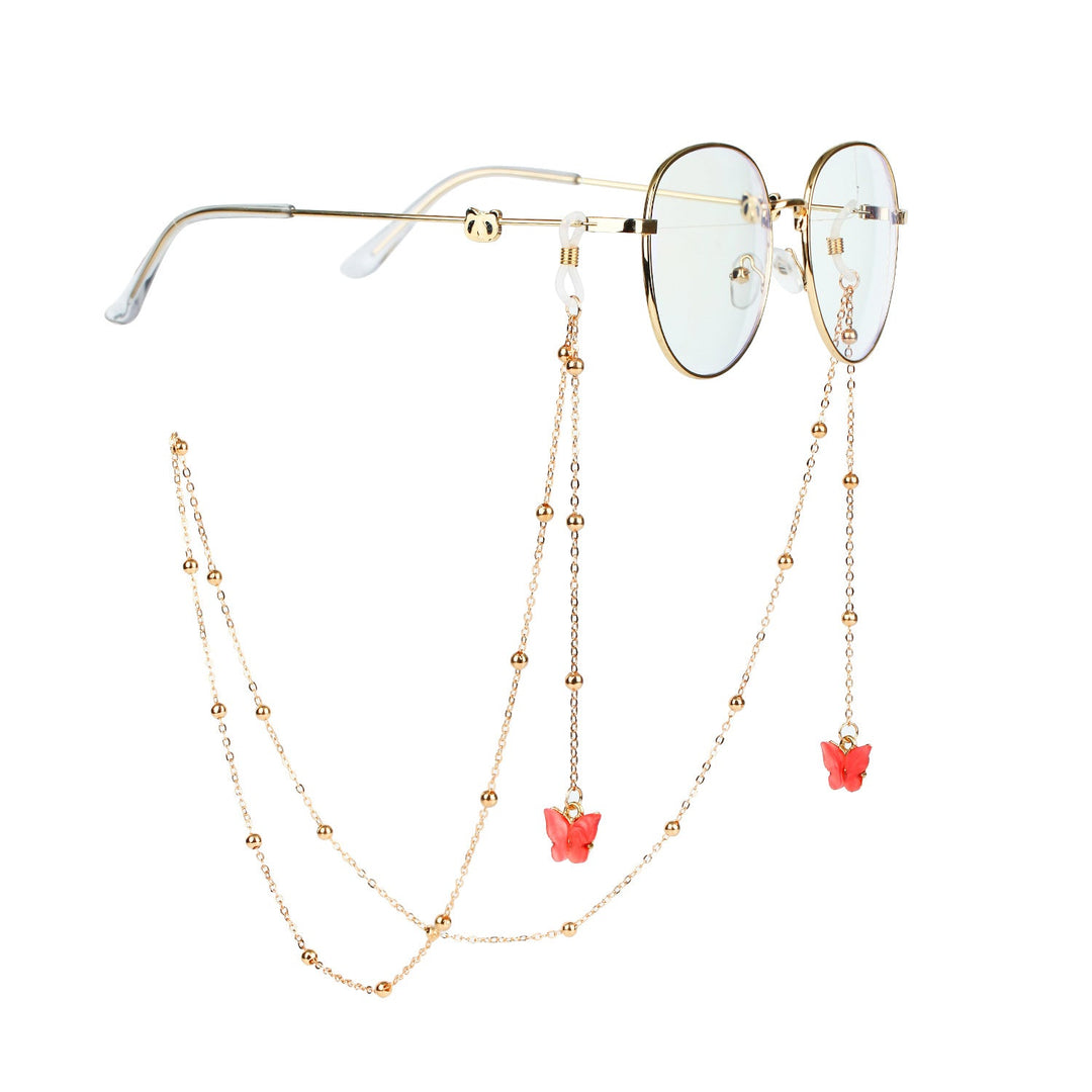 Delicate butterfly sunglasses holder chain, a stylish fashion accessory for women's glasses.