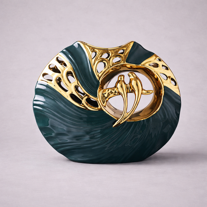 Elegant ceramic bird figurines, gold & emerald green. Modern luxury home decor accent for living room.