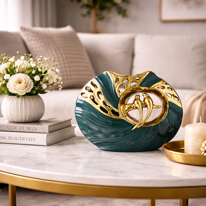 Decorative ceramic bird statue, elegant gold & emerald green finish. Perfect modern home accent figurine.