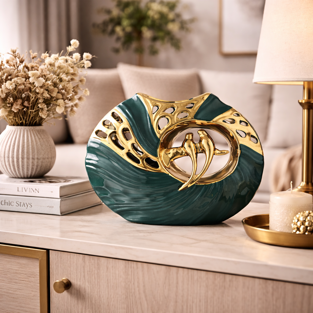 Luxury ceramic bird figurines, emerald green & gold, a chic decorative accent for modern living rooms.