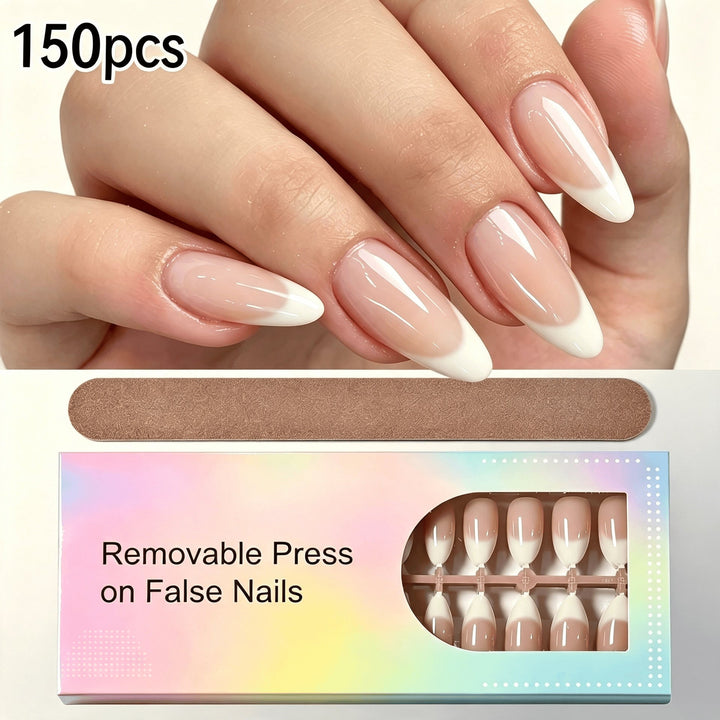 Long-lasting removable French tip press-on nails. Achieve salon-quality false nails with this DIY kit.