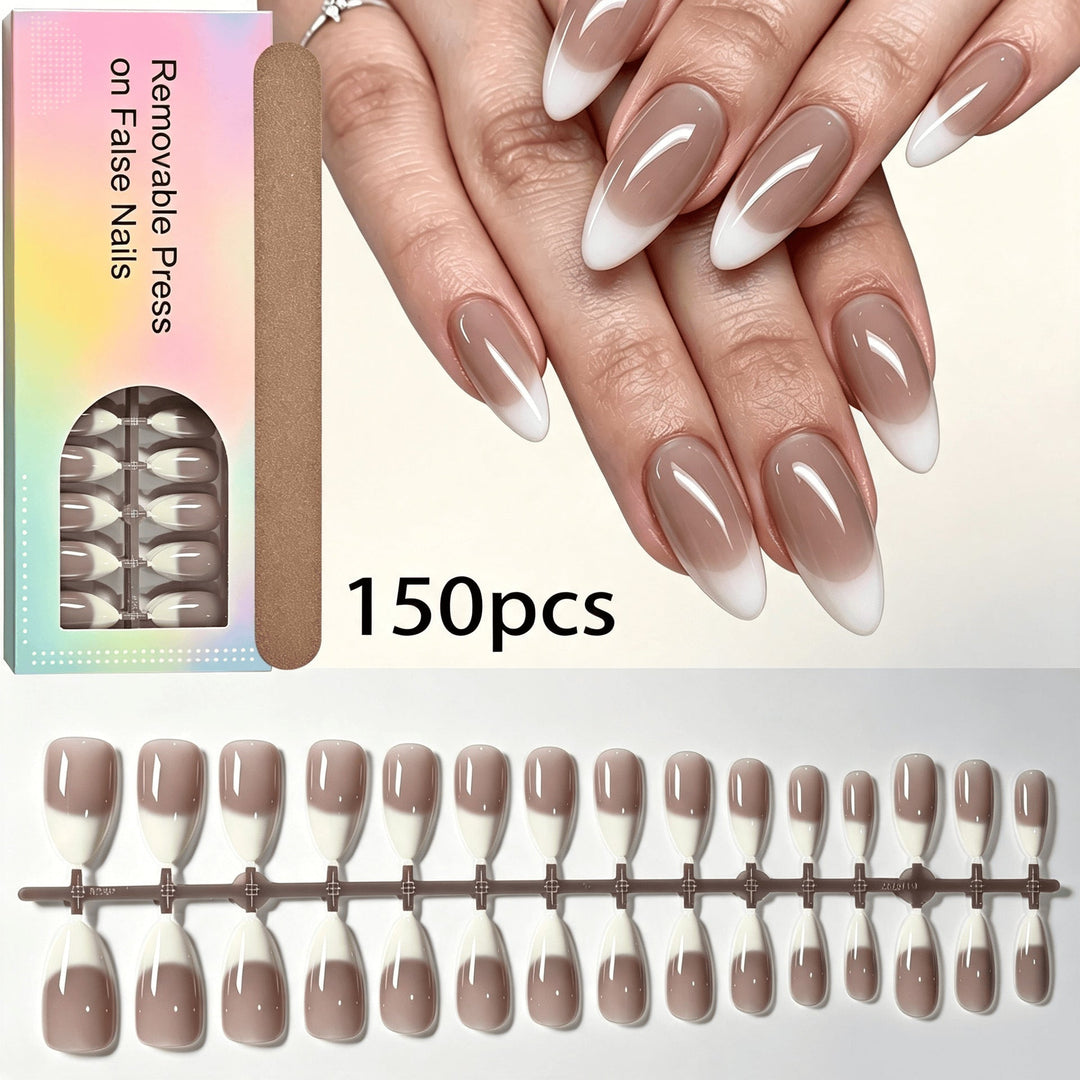 Women's fashionable French tip false nails. Press-on, removable set for elegant and convenient nail art.