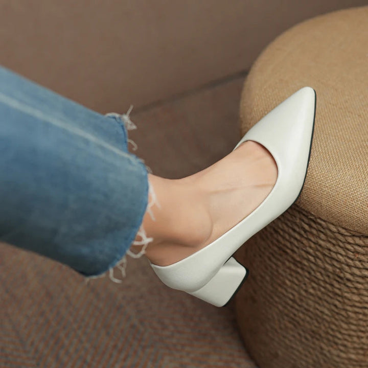 Stylish women's elegant block heels with a pointed toe, ideal for office work or chic party outfits.
