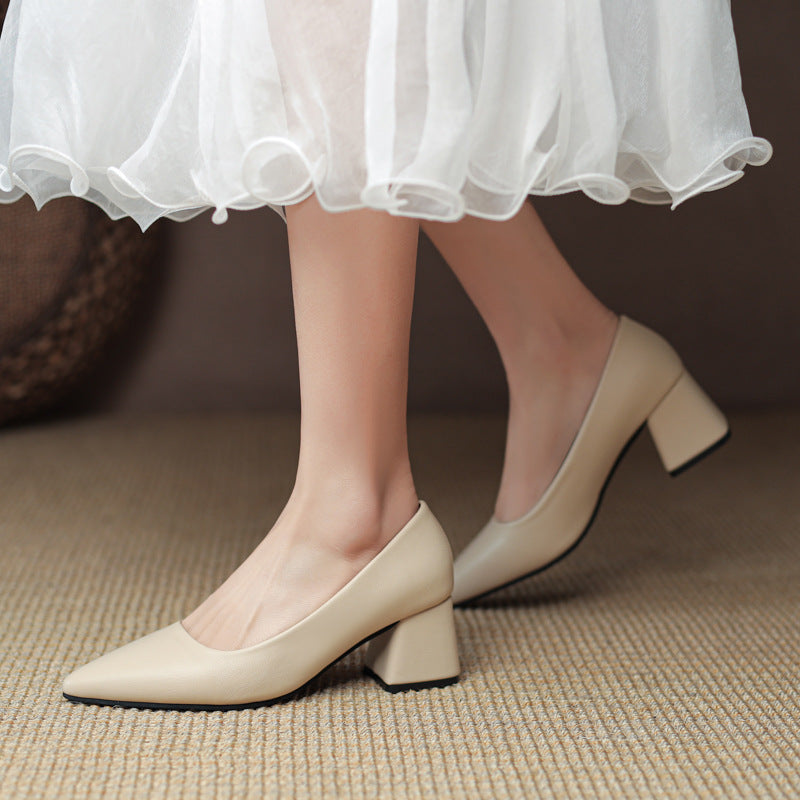 Classic women's block heels with a sleek pointed toe, offering elegance and comfort for professional or party settings.
